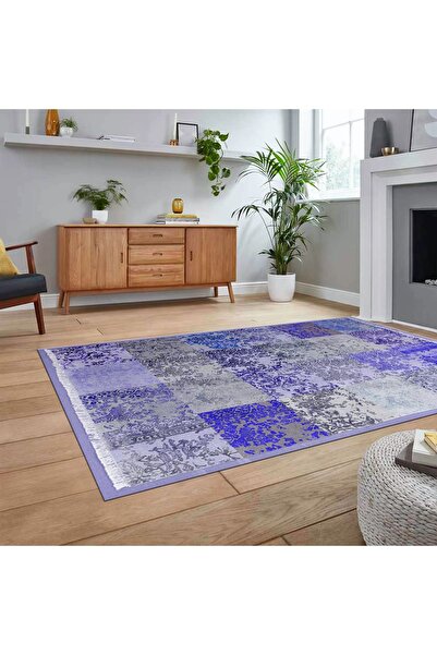 Hey Home Dijital Baskılı Kaymaz Taban Yıkanabilir Patchwork Yolluk Salon Halısı, V-PATCHWORK-17-MAVİ,