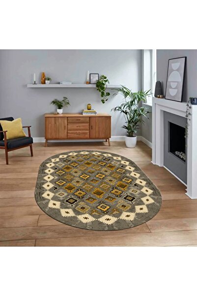 Hey Home Dijital Baskılı Kaymaz Taban Yıkanabilir Oval Etnik Desen Yolluk Sal...