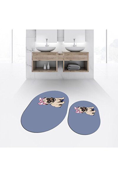 Hey Home Digital Printed Non-Slip Base Washable Oval Double Bathroom Mat Toil...