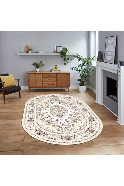 Dijital Kaymaz Taban Yıkanabilir Oval Klasik Desen Yolluk Salon Halısı, V-O-KLASİK-23-KREM,