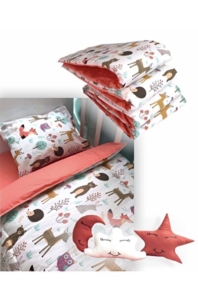 Bebek Özel Pamuklu 90x190 Montessori Çocuk Uyku Seti Doğa Hayvanlı Kiremit (10 Parça) (Yorganlı)