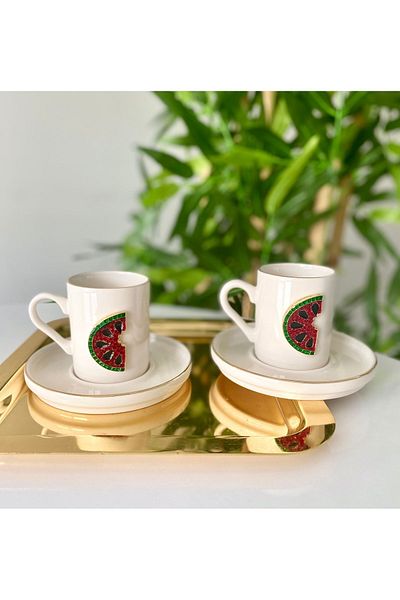 Sillage Home Gold Gilded Porcelain Coffee Cup Set for 2 People - Watermelon