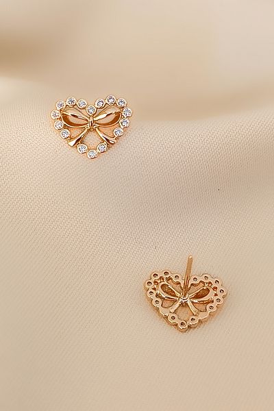 COSİTA Minimal Modern Heart Bow Figured Rose Zircon Stone Earrings