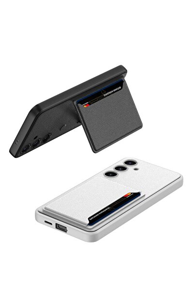 halkhouse Galaxy S24 Plus Suni Deri Kartlıklı Kılıf Kıpta Silikon Tam Koruma Kapak