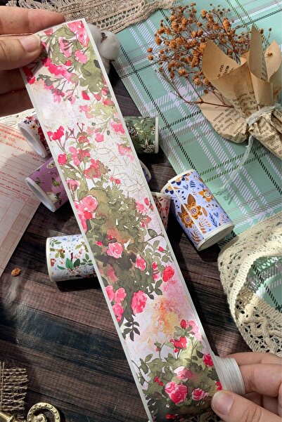 Hume Craft 2 Metre Vintage Pembe Ve Sarı Çiçek Desenli Washi Bant / Washitape / Bullet Journal / Scrapbook /