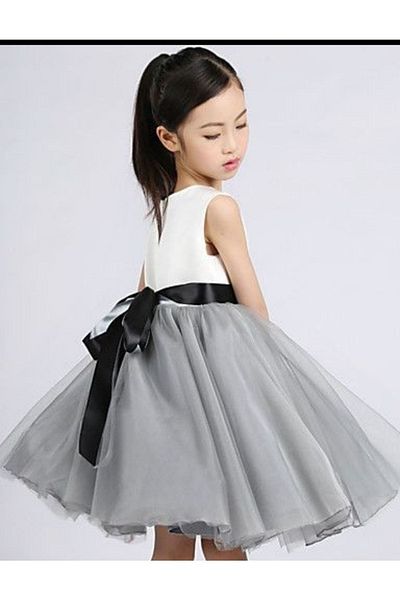Mislina Girl's Top White Skirt Gray Tulle Black Belt Design Dress