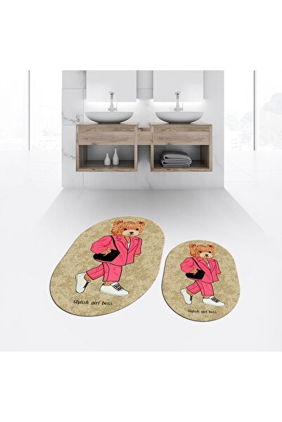 Hey Home Digital Printed Non-Slip Base Washable Oval Double Bathroom Mat Toil...