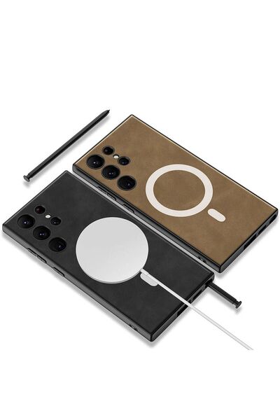 halkhouse Galaxy S24 Ultra Kılıf Magsafe Şarj Özellikli Deri Tasarımlı Kıpta Nubuk Kapak