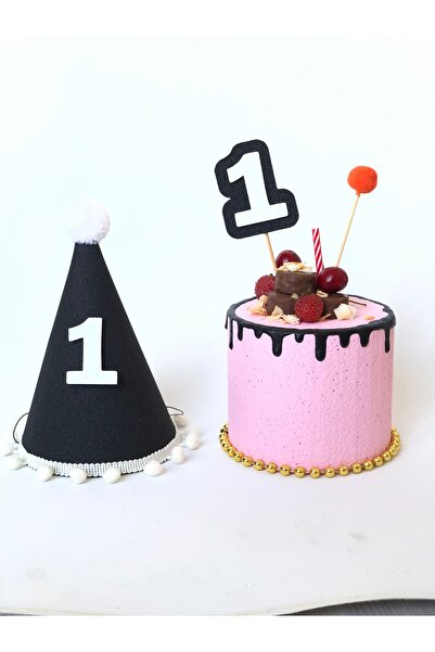 aloha concept Set de 2 pălării decorate pentru tort, negre, pentru 1 an