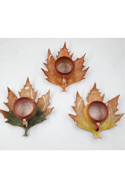 Hena Rodit Ceramic 3-Person Coffee Cup Set with Sycamore Leaf Figure Green Yellow Brown