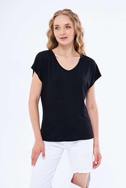 Moda Işık T-shirt  Kadın  V Yaka Basıc Siyah Renk
