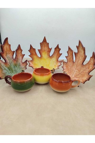 Hena Rodit Ceramic 3-Person Coffee Cup Set with Sycamore Leaf Figure Green Yellow Brown