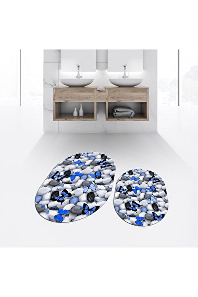 Hey Home Digital Printed Non-Slip Base Washable Oval Double Bathroom Mat Toil...