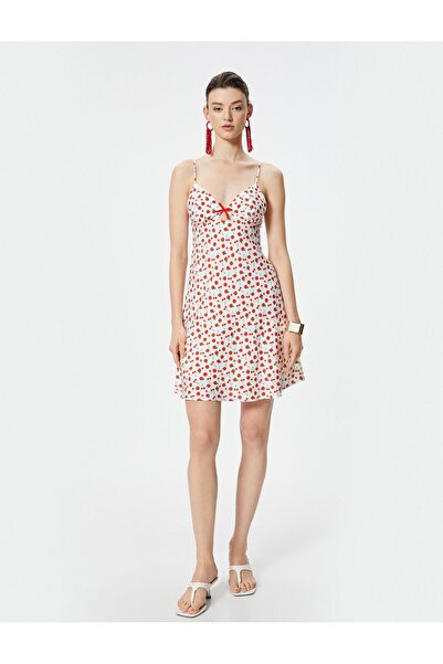 Koton Koton Mini Dress - Cherry Print, Thin Straps, Sweetheart Collar and Bow Detail