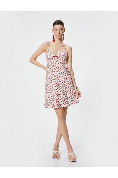 Koton Koton Mini Dress - Cherry Print, Thin Straps, Sweetheart Collar and Bow Detail