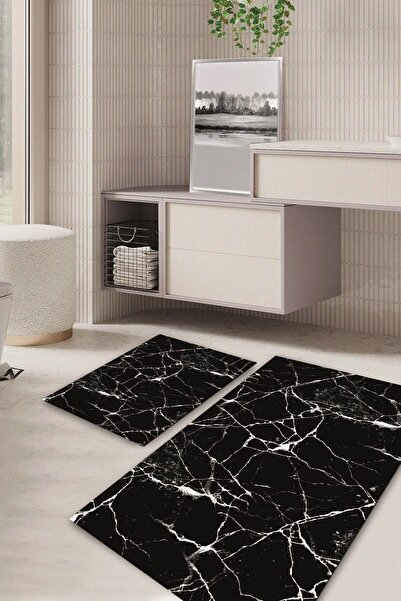Kilimteks Marble Patterned Non-Slip Base Washable Set of 2 Bathroom Carpet Ma...