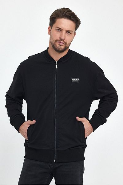 LİVE SPORT Jachetă bomber cu 3 fire pentru bărbați, cu fermoar, guler colegiu, buzunare, negru