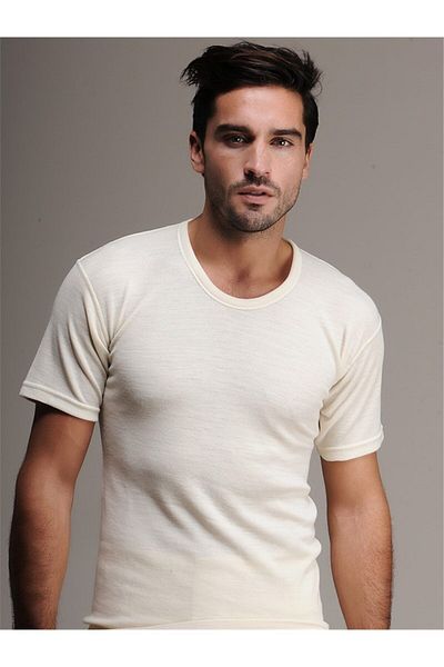 Hasyün 2103 Κρεμ κοντομάνικο μάλλινο ανδρικό τοπ εσώρουχο