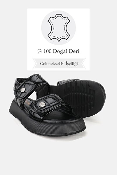 TUNAELLİ Black Patent Leather - Genuine Natural Leather Short Heeled Flat Sandals