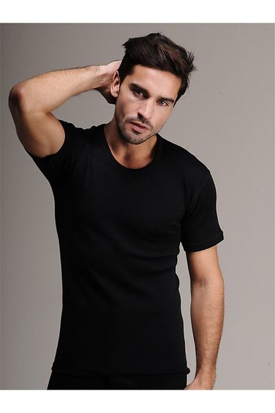 Hasyün 2103 Μαύρο κοντομάνικο μάλλινο ανδρικό τοπ εσώρουχο