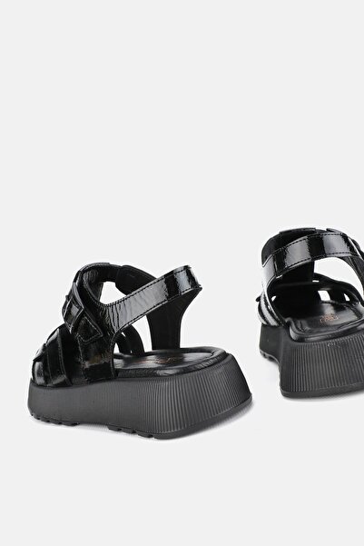 TUNAELLİ Black Patent Leather - Genuine Natural Leather Short Heeled Flat Sandals