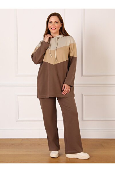ALİA Large Size Stone Dark Mink Colorblock Hooded Tracksuit Set - Alia
