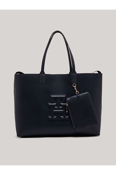 Tommy Hilfiger Women's Logo Zippered Leather Daily Use Blue Shoulder Bag AW0AW15687-DW6