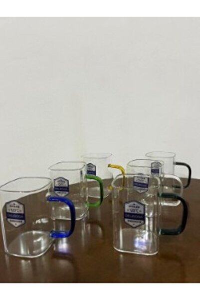 DİBA AVM DELISOGA Square Heat Resistant 6-Piece 230ml Glass Cup with Handle Colorful Handle 6 Pieces Glass Mug