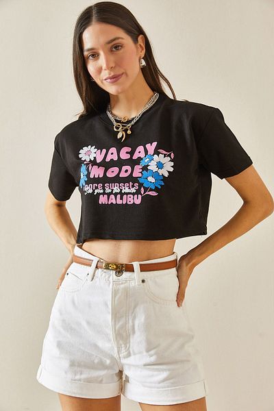 XHAN Crew Neck Black Crop T-Shirt - 5YXK1-48564-02