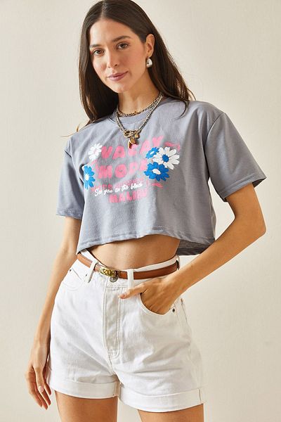 XHAN Smoked Crop T-Shirt - Crew Neck, Printed 5YXK1-48564-33
