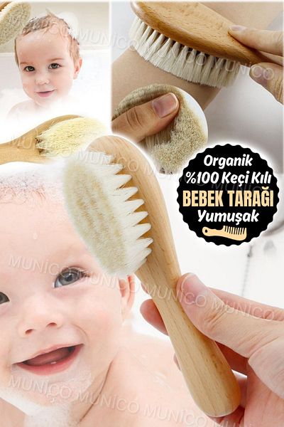 Munico Soft Natural Goat Hair Head Massage for 0+ Years Old Babies - Wooden Handle Care Comb