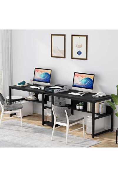 Zizuva Tasarım 2 Kişilik Raflı Siyah Çalışma Masası
