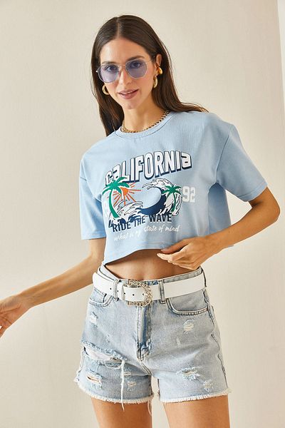 XHAN Baby Blue Crop Tričko – Crew Neck 5YXK1-48565-55