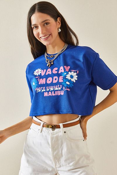 XHAN T-shirt Crew Neck Blue Crop - 5YXK1-48564-12