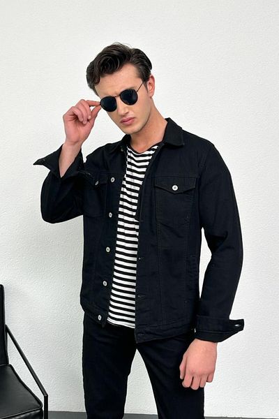HLT JEANS Pánská černá Jean Denim Standard Fit 100% bavlna Kapesní džínová bunda na knoflíky HLTHE042101