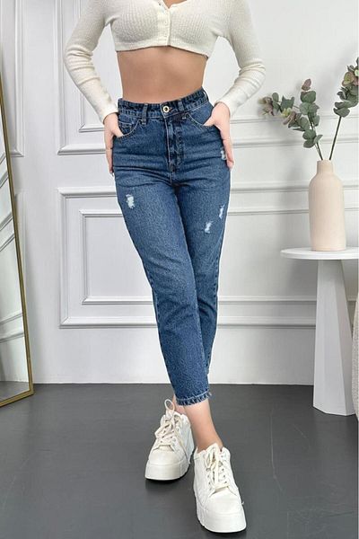 HLT JEANS Strečové modré džíny s vysokým pasem – dámské Boyfriend džíny, lycra a roztřepené Mabel-Blue