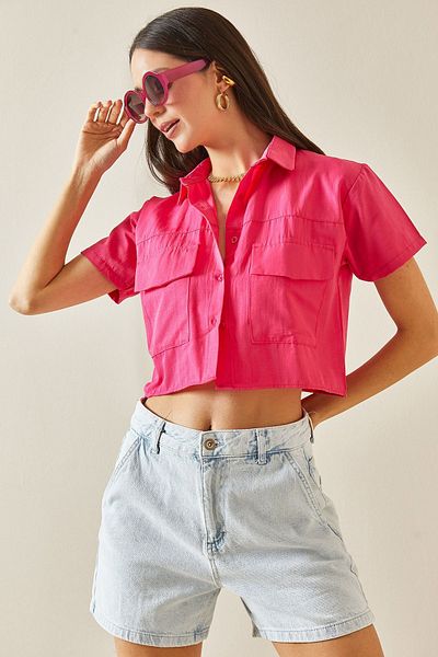 XHAN Pink Crop Shirt with Double Pockets - 5YXK2-48572-20