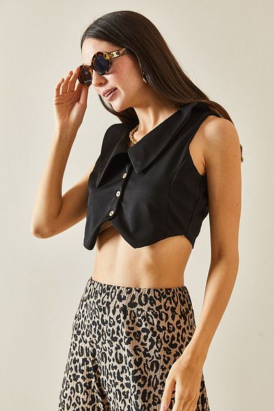 XHAN Polo Collar Black Double Breasted Vest - 5YXK4-48596-02