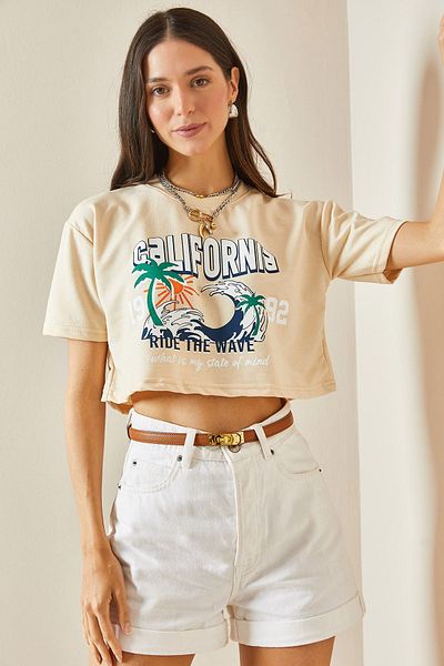XHAN Beige Crew Neck Crop T-Shirt 5YXK1-48565-25
