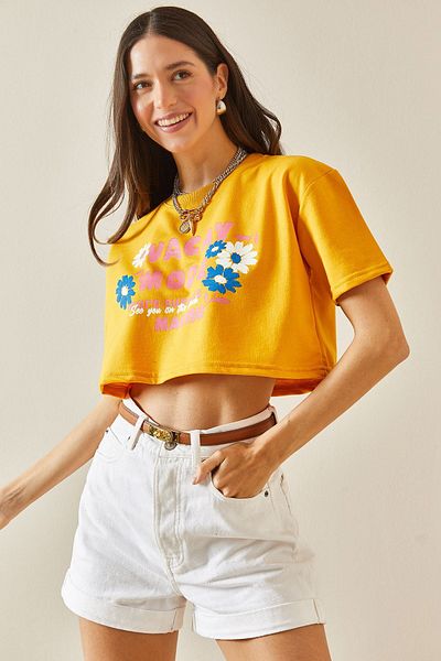 XHAN Crew Neck Mustard Printed Crop T-Shirt - 5YXK1-48564-37