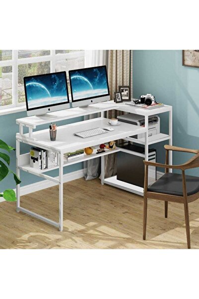 Zizuva Tasarım Monitör Raflı Kitaplıklı Beyaz Çalışma Masası