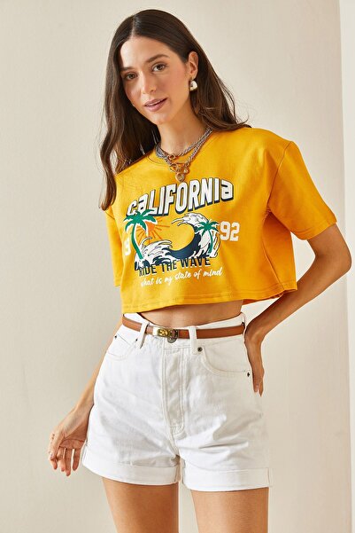 XHAN T-shirt Crew Neck Mustard Printed Crop - 5YXK1-48565-37