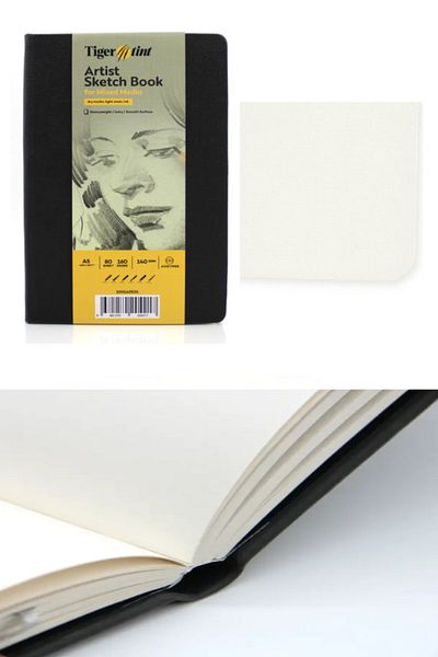 GLANCE A5 Black Sketchbook - 140gr, 80 Yp, Graduated Pen Set 12 Pieces, Metal Box