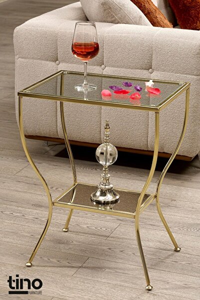 tino furniture Floransa Gold Kaplama Yan Sehpa Cam Ve Ayna Raflı Metal Komodin