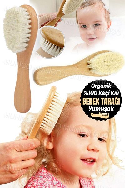 Munico Soft Goat Hair Baby and Kids Brush - Wooden Handle, Massage Scalp, Bath Blood Circulation