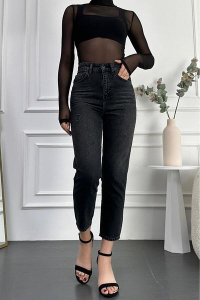 HLT JEANS Černý roztřepený dámský přítel Jean Vysoký pas Bez lycry 100% bavlna Denim Kalhoty MABEL-SYHYPT