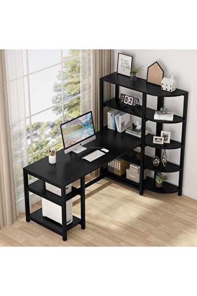 Zizuva Tasarım Kitaplıklı Siyah Çalışma Masası Modeli