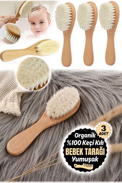 Munico 3 Pieces Munico Soft Natural Goat Hair Wooden Handle Care Comb for 0+ Years Old Babies