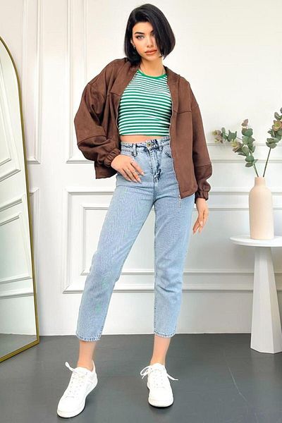 HLT JEANS Blue Snow Jean Boyfriend pentru femei cu talie înaltă, fără lycra, 100% bumbac, denim, model Mabel