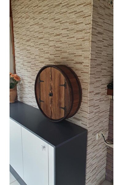 veraART El Yapımı Yuvarlak Eskitme Ahşap Içki Viski Dolabı